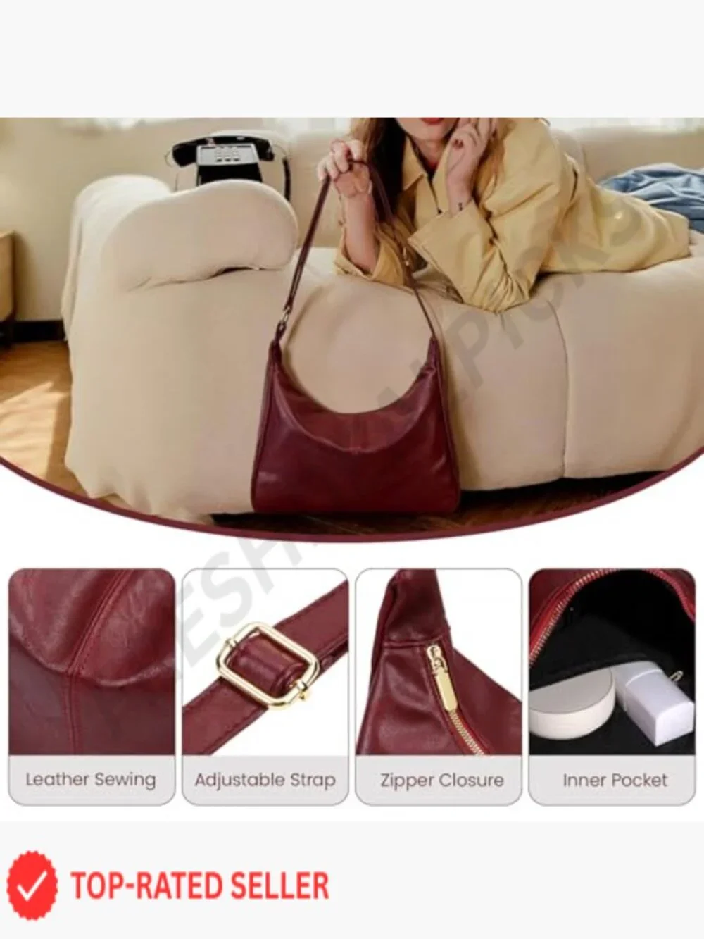 Vegan Leather Hobo Bag Slouchy Crossbody Shoulder Bag for Women Zip Closure